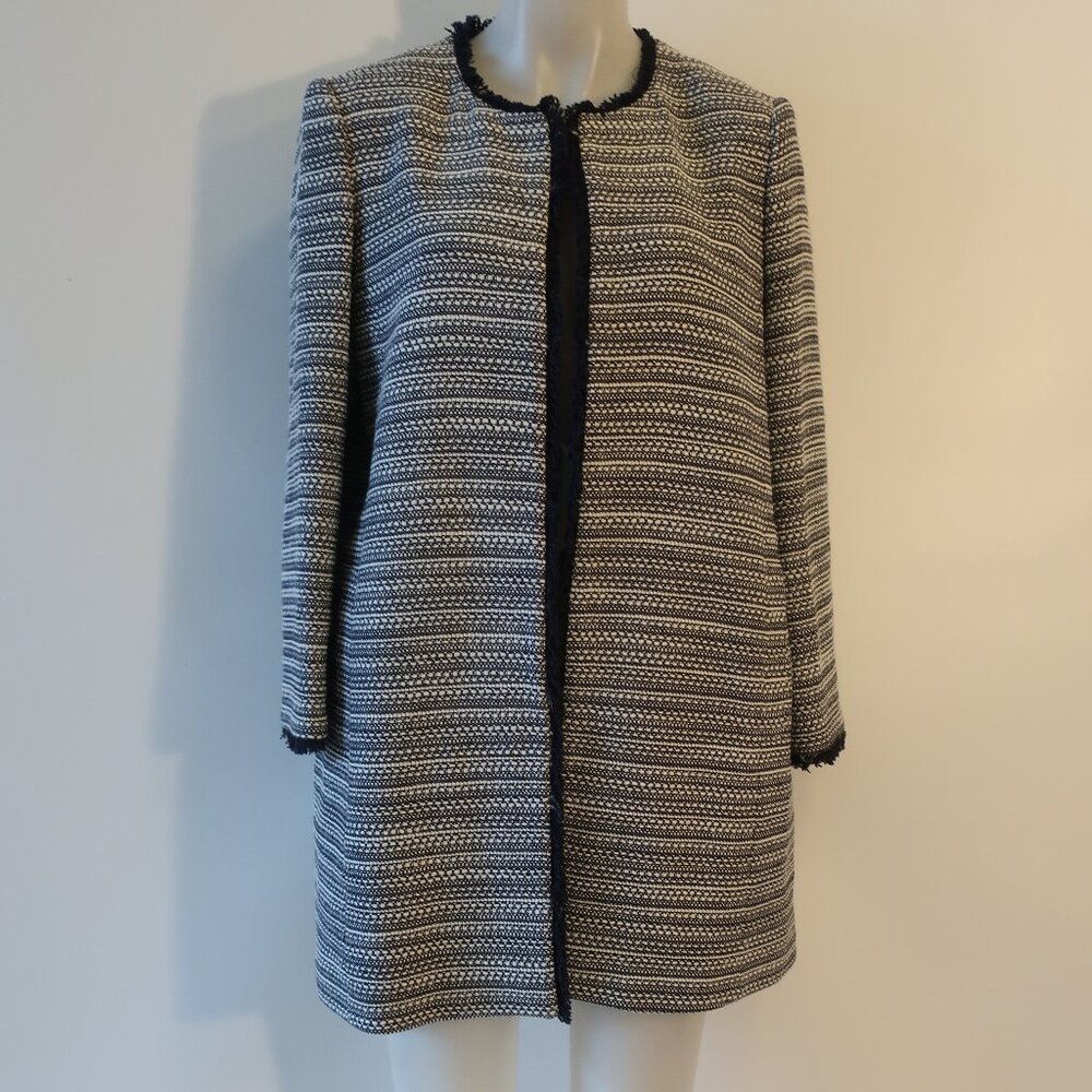 Womens White Label The White Company Navy Tweed Fringe Knit Jacket Blazer 10 *